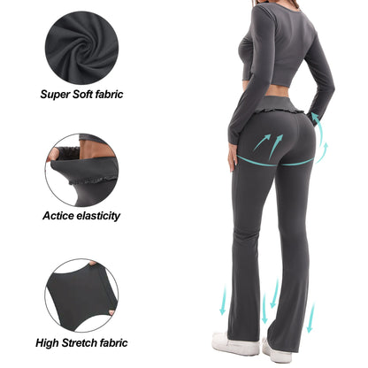 Conjunto de Yoga de 2 Piezas con Volantes para Mujer, Cintura Alta, Control de Abdomen, Pantalones Acampanados, Top de Manga Larga, Ropa Deportiva para Gimnasio, Correr, Clásico, Gris Oscuro