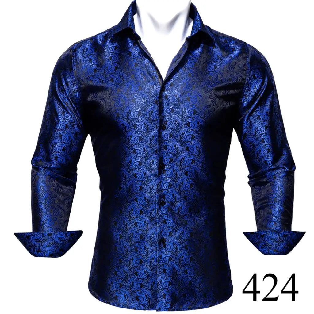Camisas clásicas negras estampadas y bordadas para hombre, solapa de seda, manga larga, corte formal exquisito, ideales para eventos de negocios y fiestas. Barry.Wang CY-0407