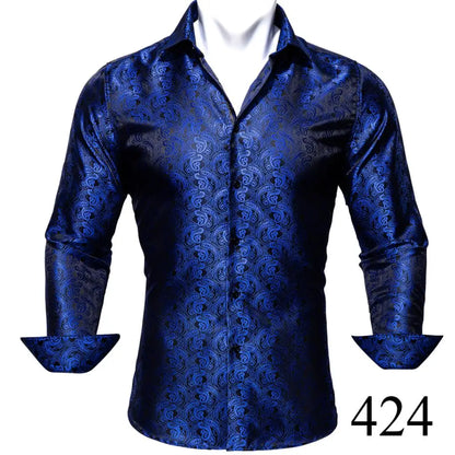 Camisas clásicas negras estampadas y bordadas para hombre, solapa de seda, manga larga, corte formal exquisito, ideales para eventos de negocios y fiestas. Barry.Wang CY-0407
