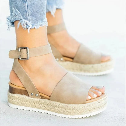 Sandalias de mujer de talla grande, estilo verano 2021, suela gruesa, diseño de hebilla y correa tejida, cómodas cuñas secas de EVA, sandalias romanas