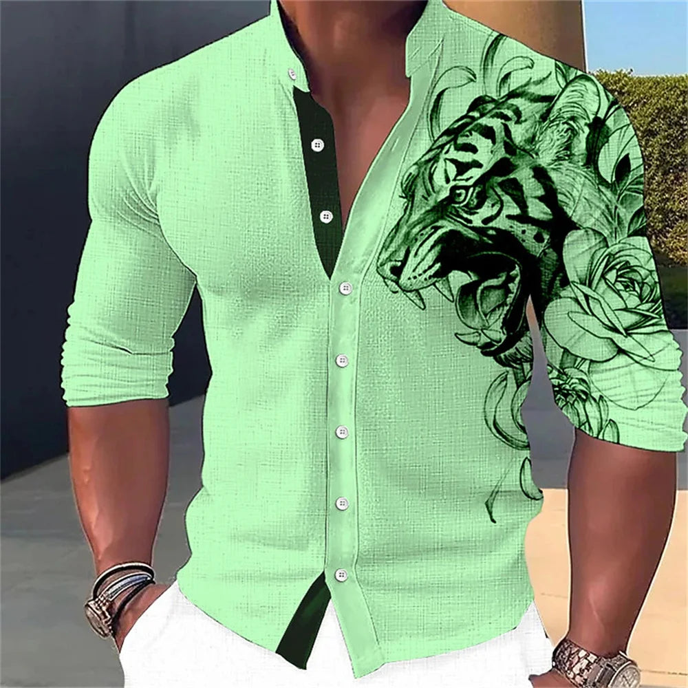 Camisa de manga larga para hombre con estampado abstracto 3D, cuello alto y botones. Diseños de moda urbana. Ropa de hombre.
