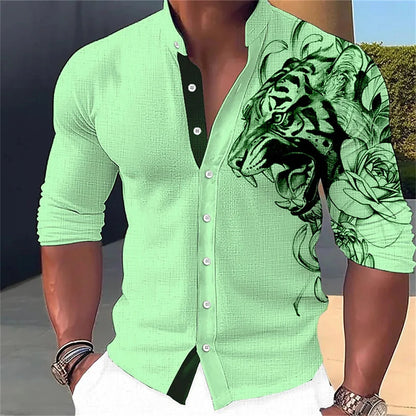 Camisa de manga larga para hombre con estampado abstracto 3D, cuello alto y botones. Diseños de moda urbana. Ropa de hombre.