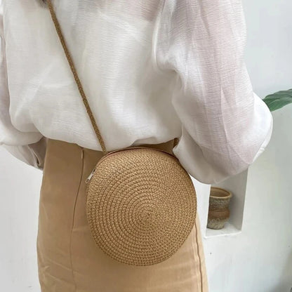 Bolso redondo de paja para mujer, tejido a mano, tipo bandolera, para playa, bonito bolso de mano pequeño de ratán tejido a mano, de color caramelo
