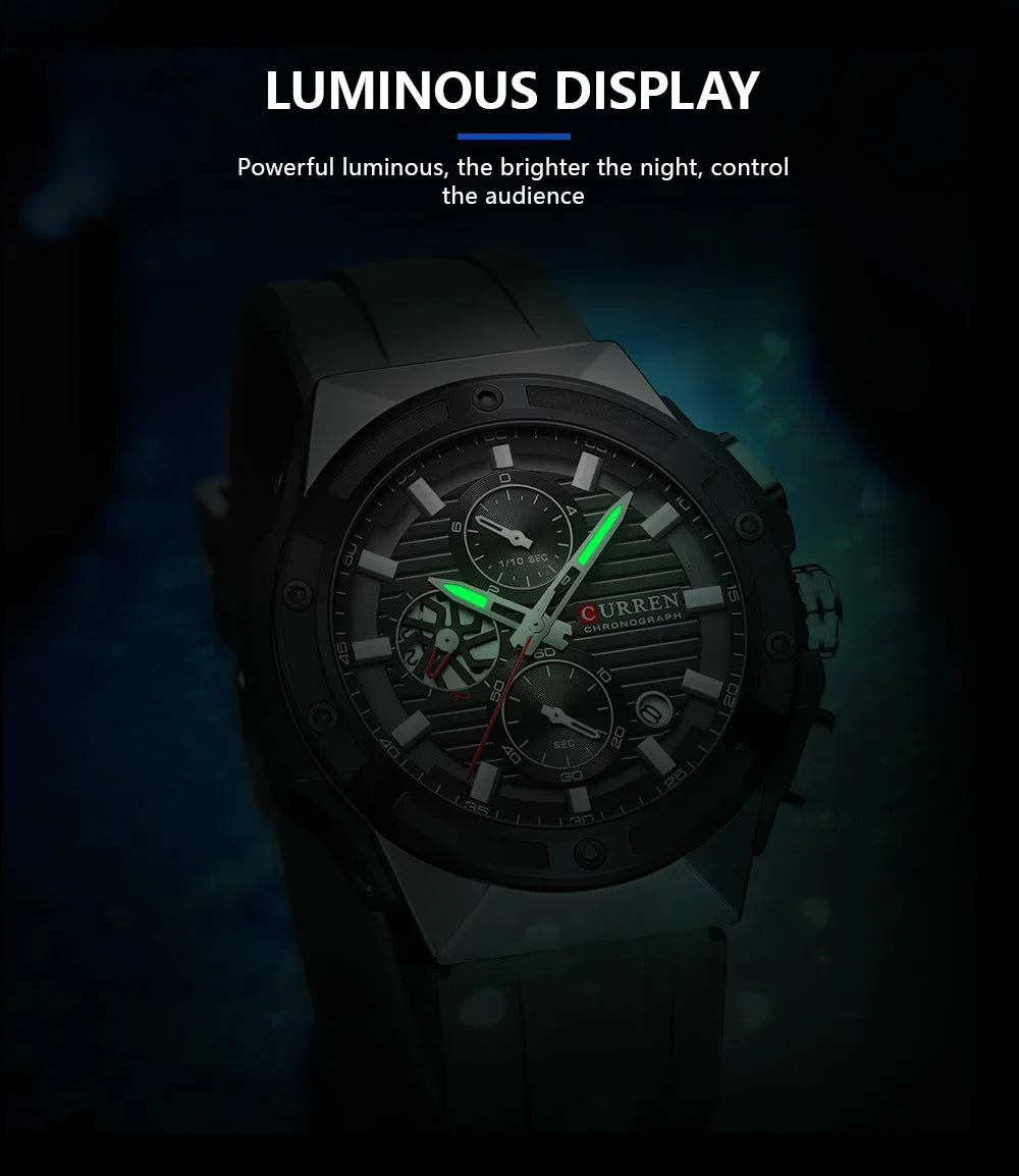 CURREN Reloj deportivo de cuarzo multifuncional con cronógrafo y correa de silicona, esfera de diseño creativo y manecillas luminosas.