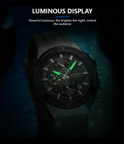 CURREN Reloj deportivo de cuarzo multifuncional con cronógrafo y correa de silicona, esfera de diseño creativo y manecillas luminosas.
