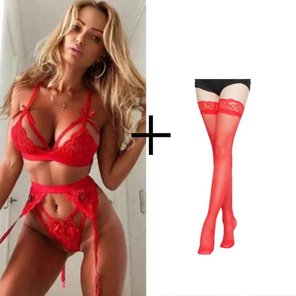 Conjunto de lencería sexy para mujer, sujetador de malla transparente de encaje, tangas con aros, ropa interior erótica íntima, babydolls.