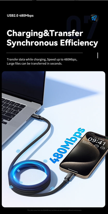 Cable de carga rápida USB-C a C Essager PD de 100 W con succión magnética y antienrollamiento para iPhone 15, portátil y Samsung.