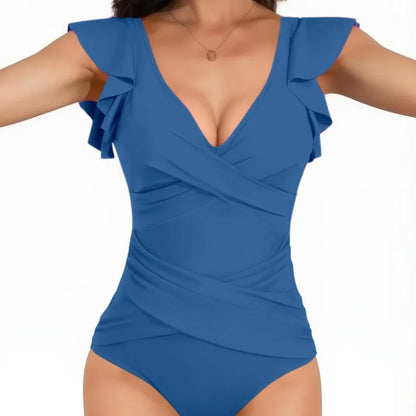 Traje de baño de una pieza para mujer con diseño cruzado y ribetes de hojas que cubren el vientre. Nuevo modelo de gran oferta de la temporada, procedente de China continental.