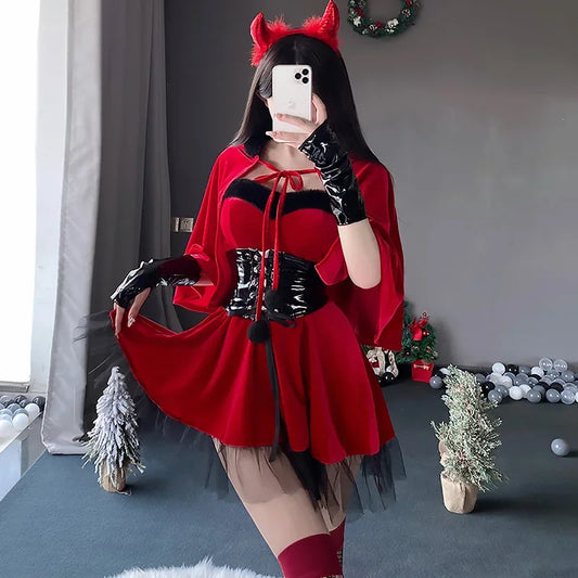 Sexy Demon Cosplay Costumes Women Cute Devil Girls Uniform Naughty Christmas Halloween Outfits Erotic Lingerie Dress Shawl Set