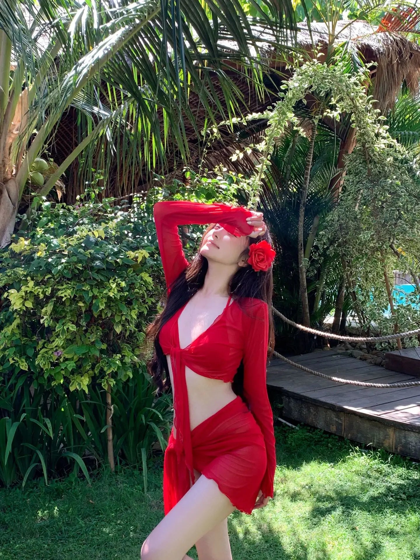 Women's Red Bali Four-Piece Bikini Set Slimming Cover-Up Swimwear Solid Flattering Two-Piece Vacation Beachwear Swimsuit