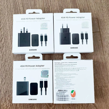 Cargador Samsung EP-T4510 de 45 W PD, carga súper rápida para Galaxy S25 Ultra Plus S24 S23 A56 C55, adaptador EU/EE. UU./Reino Unido, cable tipo C de 1,8 m.