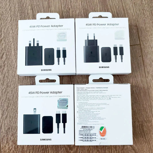 Cargador Samsung EP-T4510 de 45 W PD, carga súper rápida para Galaxy S25 Ultra Plus S24 S23 A56 C55, adaptador EU/EE. UU./Reino Unido, cable tipo C de 1,8 m.