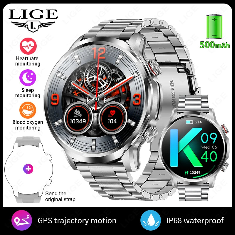 Reloj inteligente LIGE de 1,95 pulgadas con pantalla grande Ultra HD para hombre, llamadas Bluetooth, batería de 500 mAh, para deportes al aire libre y fitness, compatible con Android e iOS.