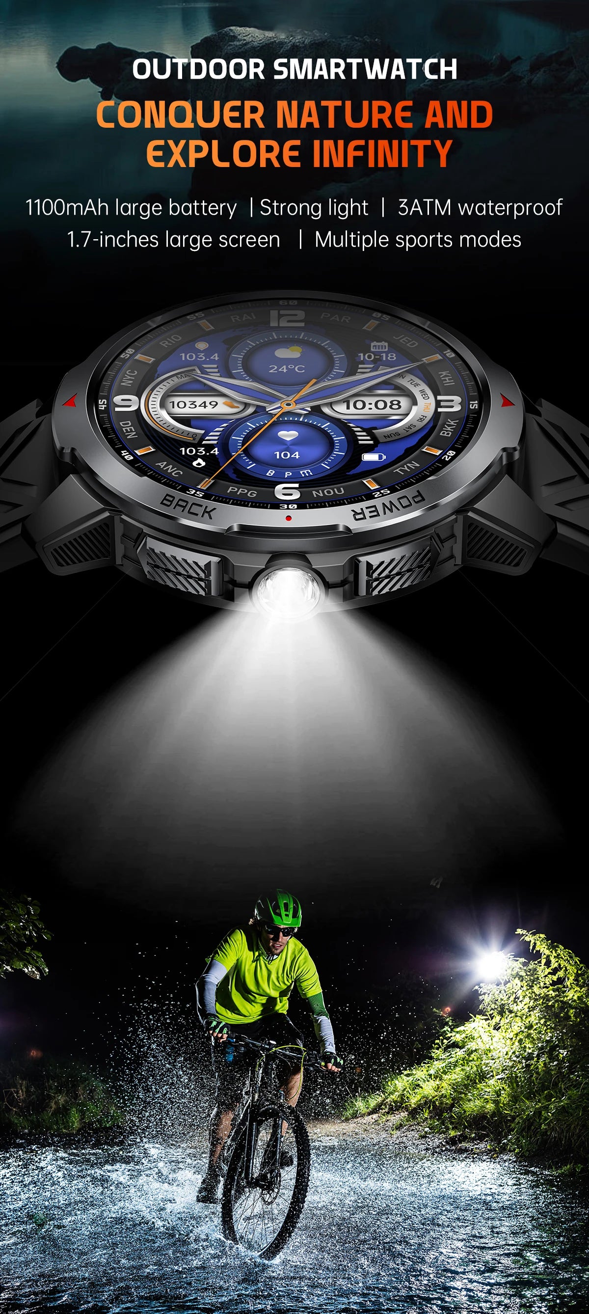 Reloj inteligente deportivo para exteriores para hombre, con batería grande de 1100 mAh, brújula, linterna LED, control del ritmo cardíaco, compatible con Android e iOS.