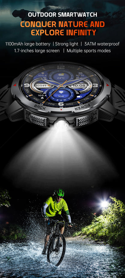 Reloj inteligente deportivo para exteriores para hombre, con batería grande de 1100 mAh, brújula, linterna LED, control del ritmo cardíaco, compatible con Android e iOS.