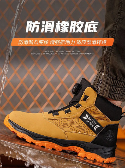 Zapatos de seguridad para hombre, de caña alta, universales para las cuatro estaciones, con hebilla giratoria antideslizante, puntera de acero, antiaplastamiento y antiperforación.