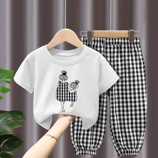 Conjuntos de ropa infantil para madre e hija: camiseta de manga corta estampada y pantalón a cuadros, ropa para niñas de 2 a 8 años