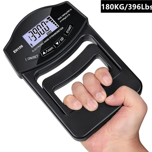 Dinamómetro digital de mano de 180 kg con pantalla LCD para entrenamiento de antebrazo y levantamiento de pesas.
