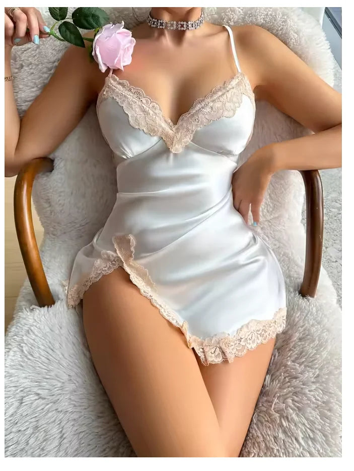 Camisón de leopardo con ribete de encaje, escote en V, espalda descubierta, abertura lateral, para dormir, para mujer