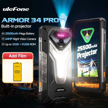 【Estreno mundial】Ulefone Armor 34 Pro 5G, teléfono resistente con IA, batería de 25500 mAh, hasta 32 GB + 512 GB, proyector integrado, pantalla de 6,95" a 120 Hz, NFC.
