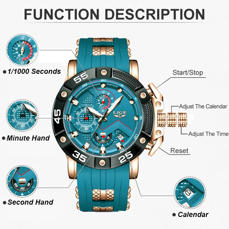 Relojes LIGE para hombre, marca superior, lujo, esfera grande, silicona, militar, deportivo, impermeable, cuarzo, para hombre, Relogio Masculino.