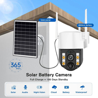 Cámara solar WiFi V380 Pro con zoom 10X, doble lente, resistente al agua, para exteriores, con protección IP, detección humana PIR y sistema de videovigilancia.
