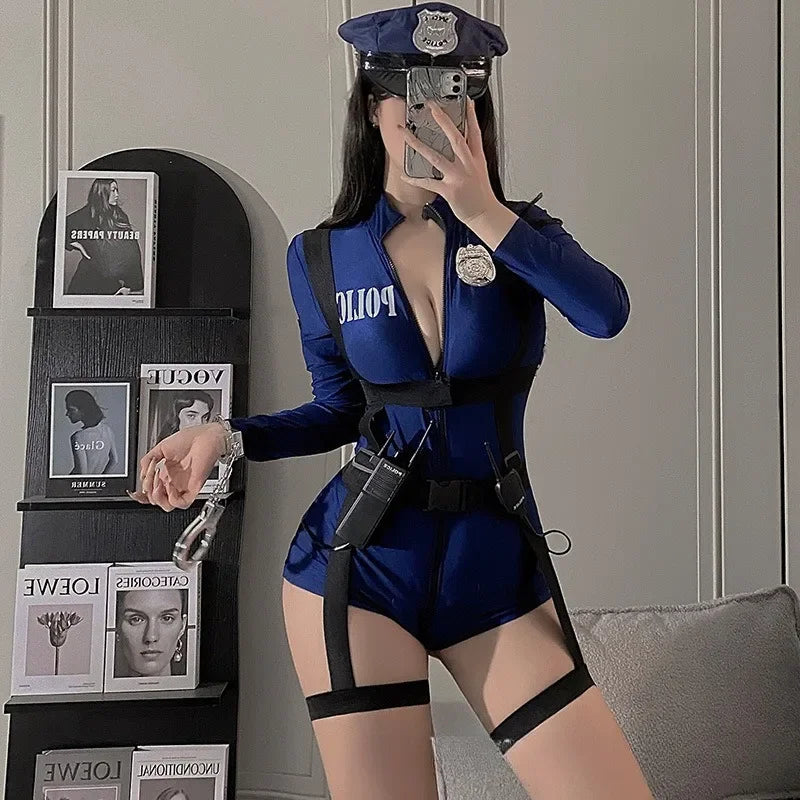 Plus Size Sexy Policewomen Costume Cop Police Cosplay Outfit Zip Crotch Bodysuit Lingerie Role Play Harness Officer Uniform