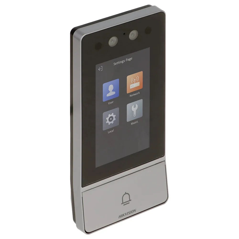 Estación de puerta IP Hikvision DS-KV9503-WBE1 con reconocimiento facial, Wi-Fi y alimentación PoE; Monitor inalámbrico para interiores DS-KH6350-WTE1.