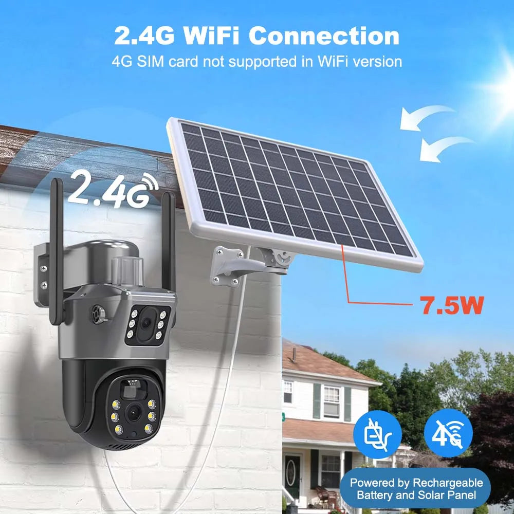 Cámara solar WiFi 4K de 8MP para exteriores, cámara de vigilancia CCTV inalámbrica con panel solar, doble lente, cámara IP PTZ y protección de seguridad.