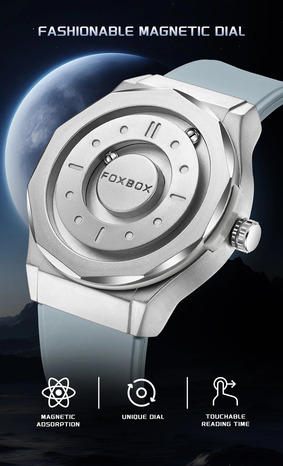 FOXBOX Reloj impermeable para hombre, marca de moda superior, de lujo, con puntero de desplazamiento y fuerza magnética, relojes de pulsera de cuarzo para hombre, Montre Homme