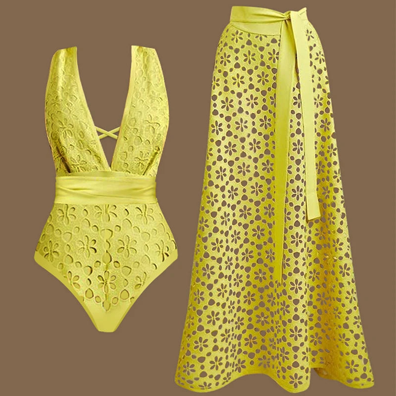 Sexy Deep V Neck Women Swimwear Yellow Color Laser Cutting Flower Hollow One Piece Swimsuit Women Backless Monokini Bathing Suit