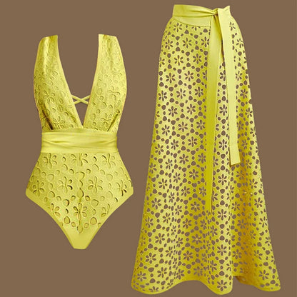 Sexy Deep V Neck Women Swimwear Yellow Color Laser Cutting Flower Hollow One Piece Swimsuit Women Backless Monokini Bathing Suit