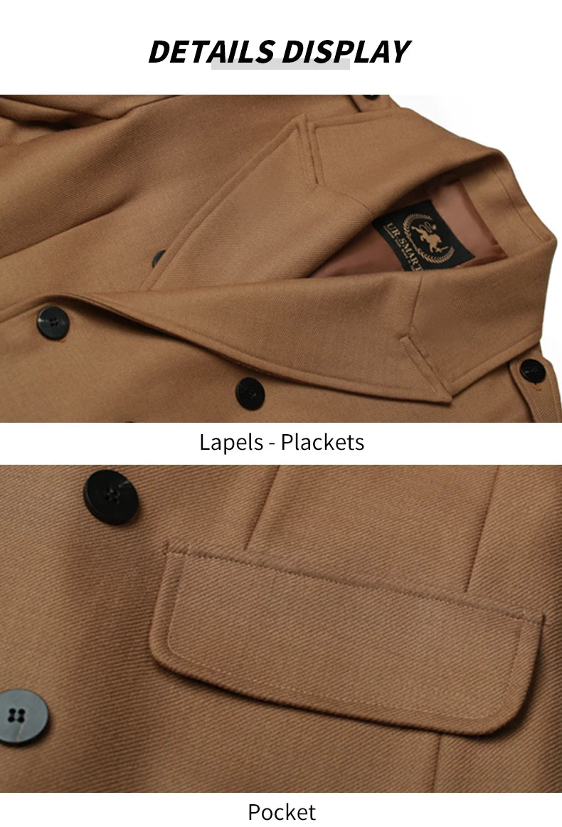 Worsted pure wool coat for men super long, knee length double breasted thickened and warm classic business wool coat for men