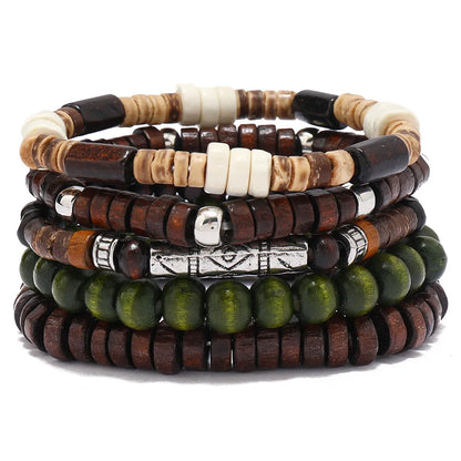 Pulsera para hombre, nueva pulsera retro multicapa de concha de coco con cordón elástico de varias piezas y cuentas de madera.