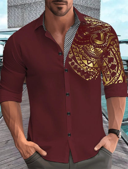 Camisa de hombre con estampado dorado, blanca, negra, roja, manga larga, cuello con botones, estilo casual y moderno, tallas grandes.