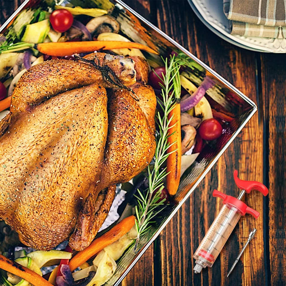 Jeringa inyectora para pavo - 3 agujas inyectoras de adobo, jeringa inyectora para carne de 1 oz con cepillo de limpieza, fácil de usar y limpiar