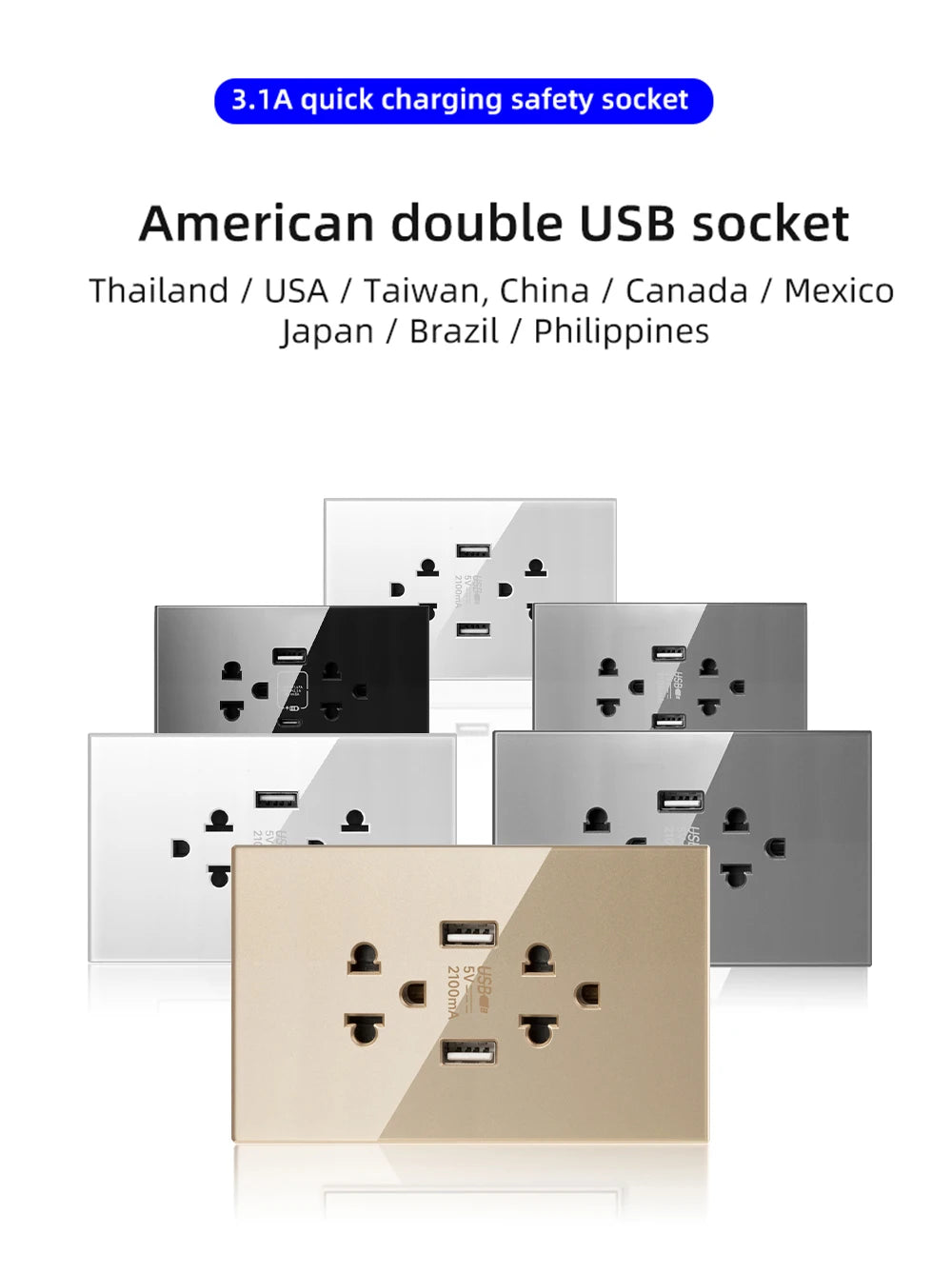 Adaptador de enchufe para electrodomésticos inteligentes Herepow Thailand, enchufe de pared USB doble estándar americano tipo C de 3,1 A con carga rápida.