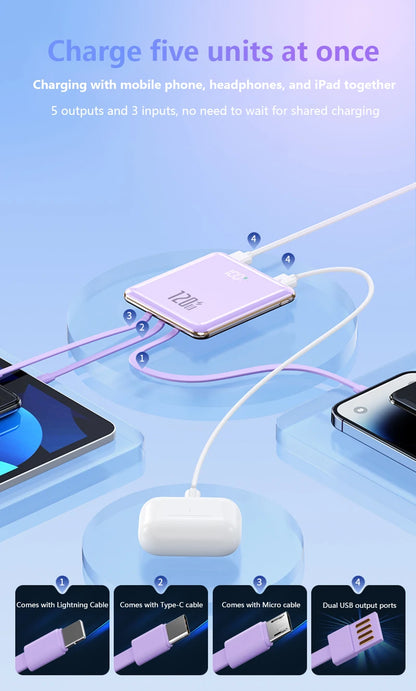 Xiaomi - Mini banco de energía de 500.000 mAh, gran capacidad, carga súper rápida, batería externa con 4 cables integrados para iPhone, Samsung y Xiaomi.