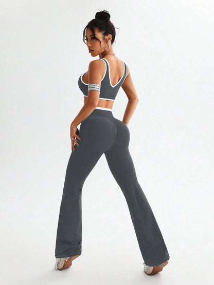 Conjunto deportivo con tirantes anchos y bloqueo de color, conjunto deportivo de una pieza para yoga y fitness con control de abdomen para mujer a prueba de golpes