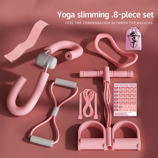 Juego de 8 piezas para yoga y fitness. Incluye tensor, pinza para piernas, cuerda para saltar, aro de yoga, banda de resistencia, ilustración de acción y bolsa de almacenamiento.
