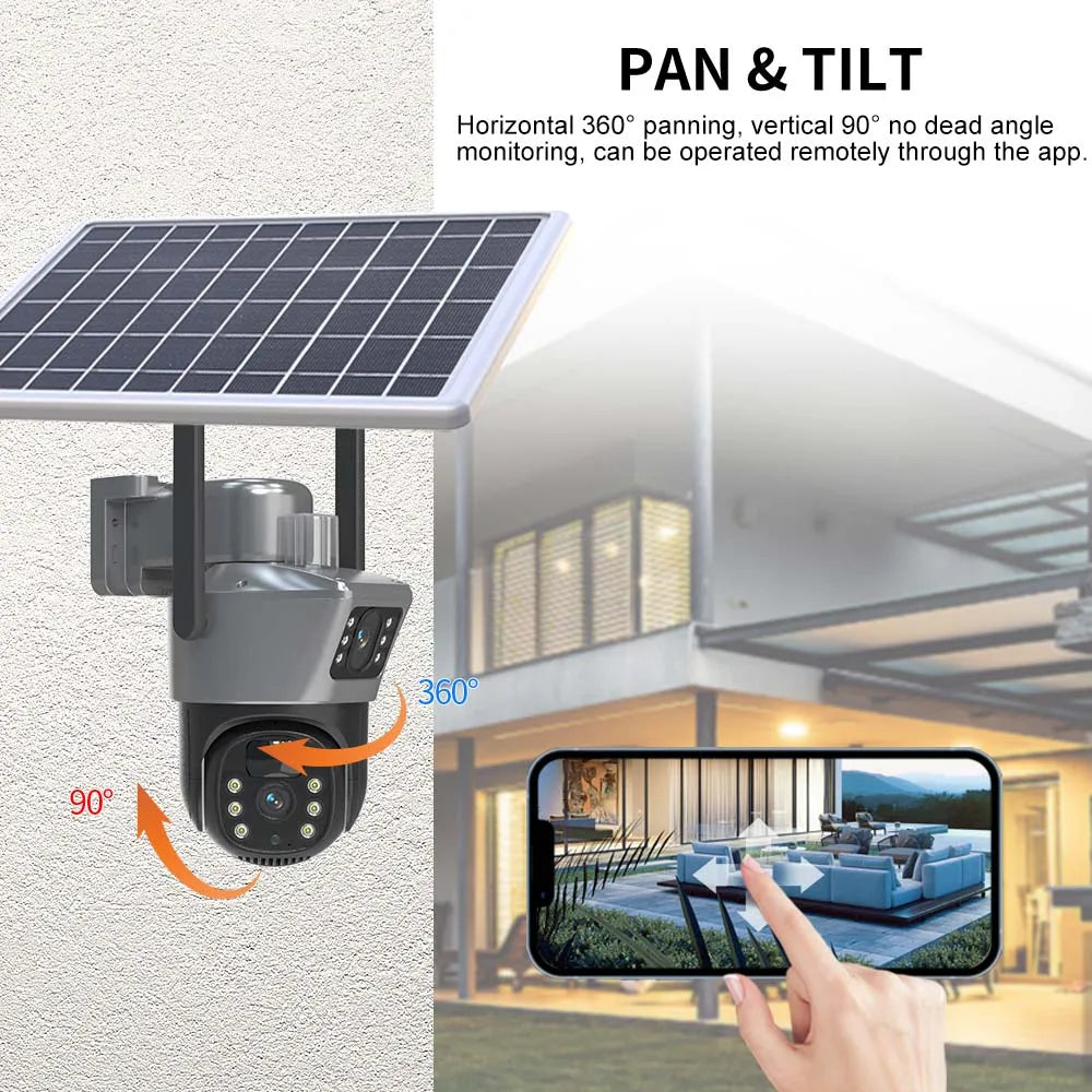 Cámara solar WiFi 4K de 8MP para exteriores, cámara de vigilancia CCTV inalámbrica con panel solar, doble lente, cámara IP PTZ y protección de seguridad.