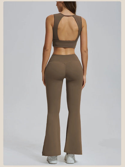 Conjuntos de yoga para mujer, sujetador deportivo con espalda hueca y amortiguación, leggings de cintura alta y acampanados, ropa de gimnasio, ropa para correr y entrenar.