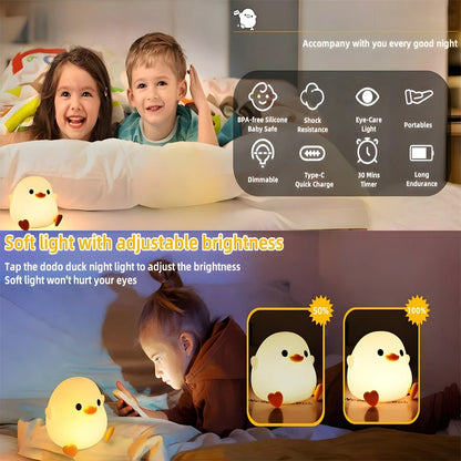 Luz nocturna de pato DoDo, lámpara de pato adorable, luz nocturna recargable y regulable, lámpara de noche LED de silicona táctil para habitación infantil