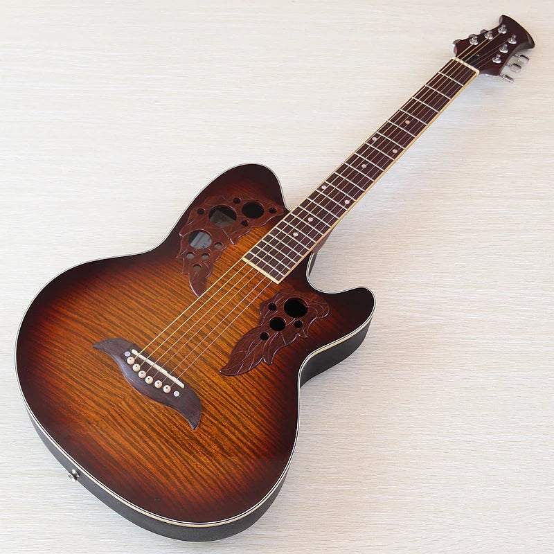 Guitarra acústica de fondo redondo con pequeños defectos, tapa flameada de alto brillo, 6 cuerdas, 38"
