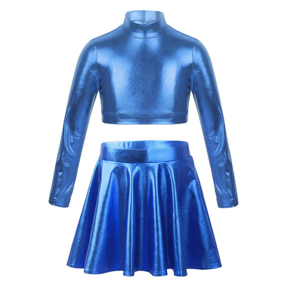 Ropa para niños, blusas sin mangas metálicas para niñas, minifalda plisada acampanada, conjunto de 2 piezas para niños, ropa de baile