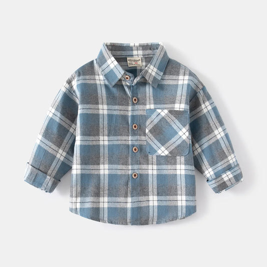 Ropa para niños nueva 2025, camisas para niños con cuello, ropa de algodón de manga larga para bebés, blusa informal a cuadros para niños de 2 a 7 años