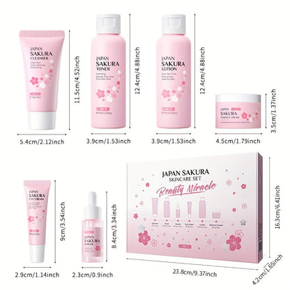 Sakura Skin Care - Caja de regalo (6 unidades): Limpiador con control de grasa (50 g), Sérum (0,57 oz), Crema facial (25 g), Sérum para unificar el tono de la piel (0,57 oz), Loción tónica hidratante (3,38 oz)
