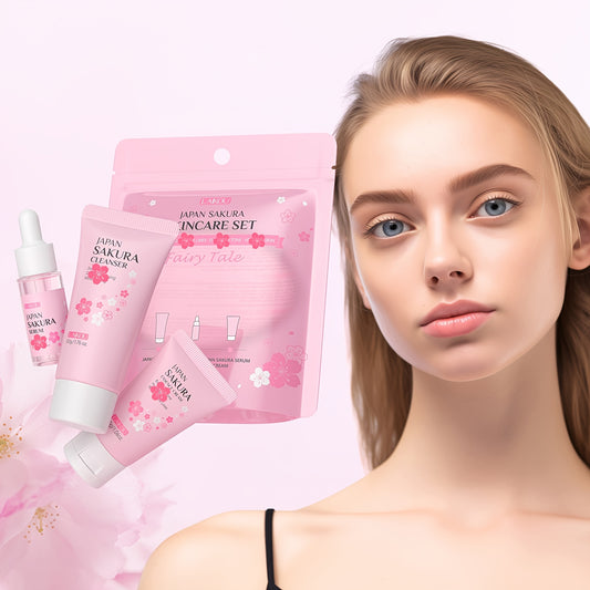 LAIKOU Sakura Cleanser - Set de 3 piezas para el cuidado de la piel: Limpiador facial (50 g), Suero (0,57 oz), Hidratante (30 g), Tono de piel uniforme, Suaviza las líneas de expresión.