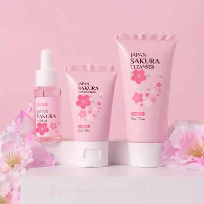 LAIKOU Sakura Cleanser - Set de 3 piezas para el cuidado de la piel: Limpiador facial (50 g), Suero (0,57 oz), Hidratante (30 g), Tono de piel uniforme, Suaviza las líneas de expresión.