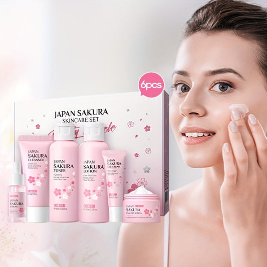 Sakura Skin Care - Caja de regalo (6 unidades): Limpiador con control de grasa (50 g), Sérum (0,57 oz), Crema facial (25 g), Sérum para unificar el tono de la piel (0,57 oz), Loción tónica hidratante (3,38 oz)